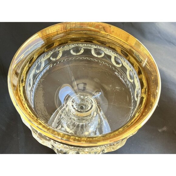 Vintage Indiana Glass Kings Crown Gold Rim Thumbprint Compote Serveware Dish - Picture 3 of 12
